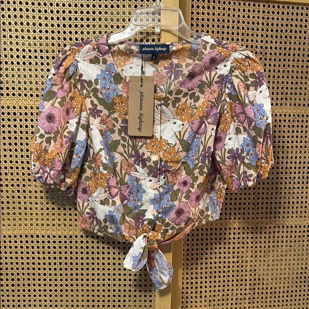 Princess Highway Garden Rabbit Tie Front Blouse in Pink and Blue 6 XS